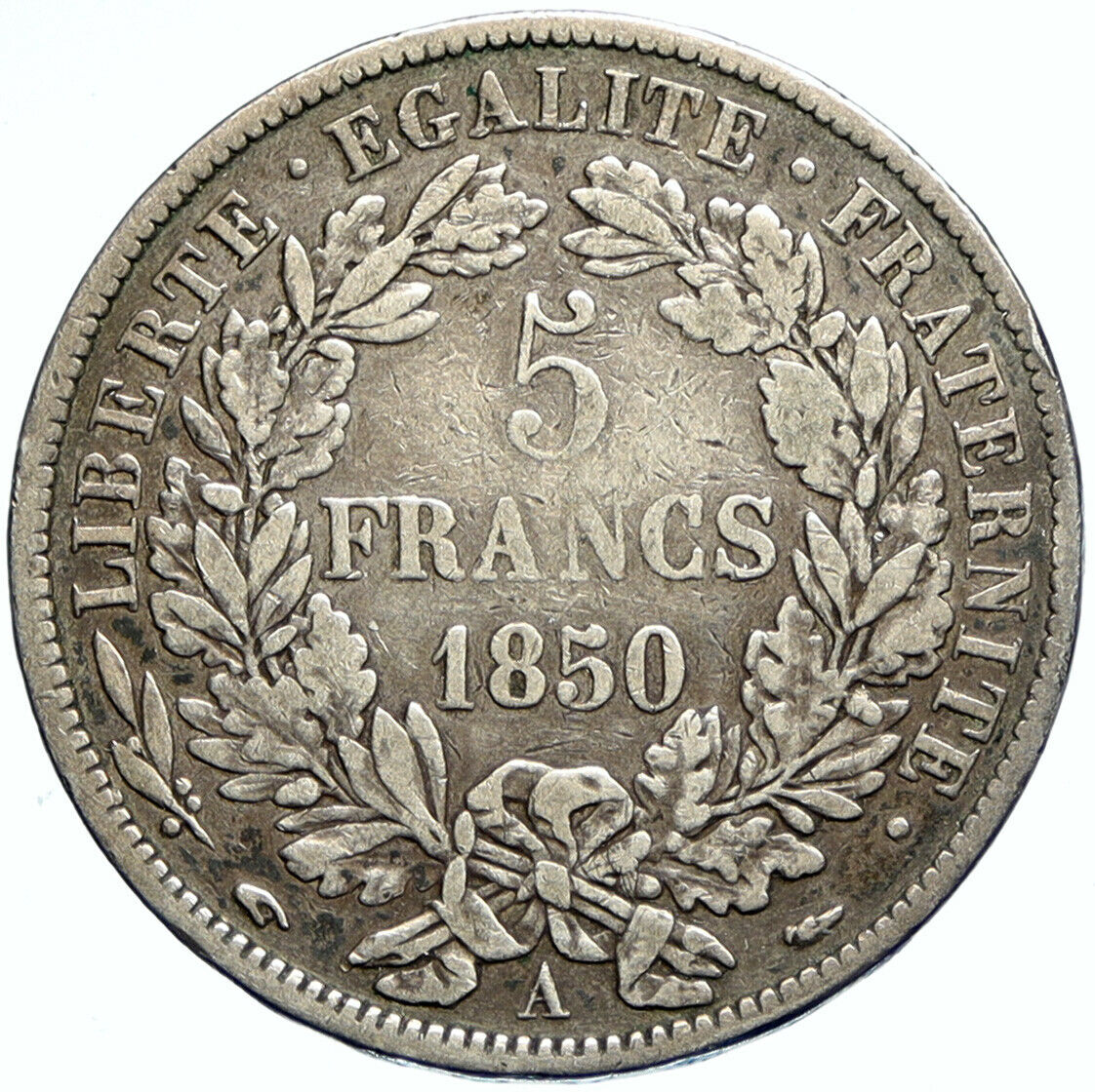 1850 A FRANCE Antique LIBERTY Wreath VINTAGE Silver 5 Franc French Coin i99765