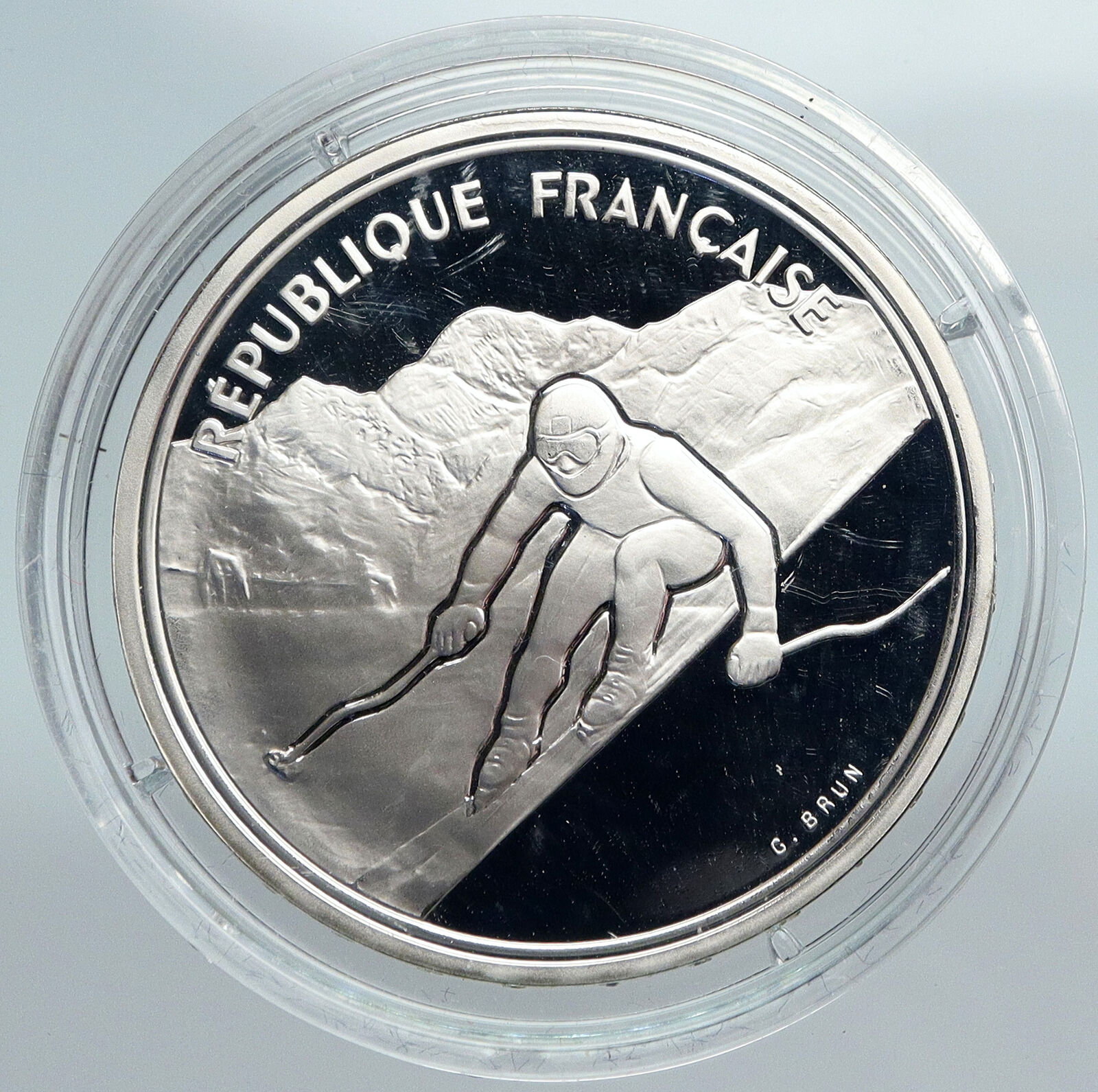 1989 FRANCE Alpine Skiing 1992 Olympics OLD Proof Silver 100 Francs Coin i89928