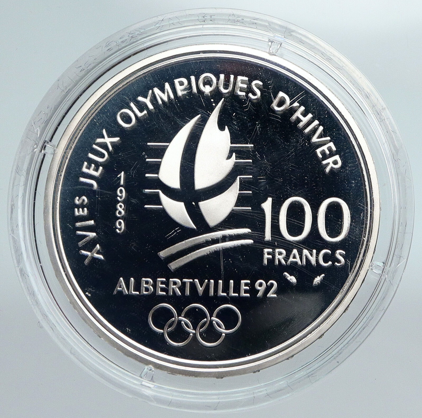 1989 FRANCE Alpine Skiing 1992 Olympics OLD Proof Silver 100 Francs Coin i89928