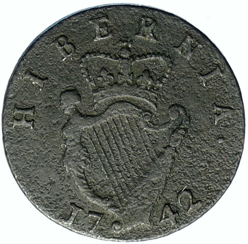 1742 IRELAND UK King George II Antique Lyre VINTAGE OLD 1/2 Penny Coin i99770