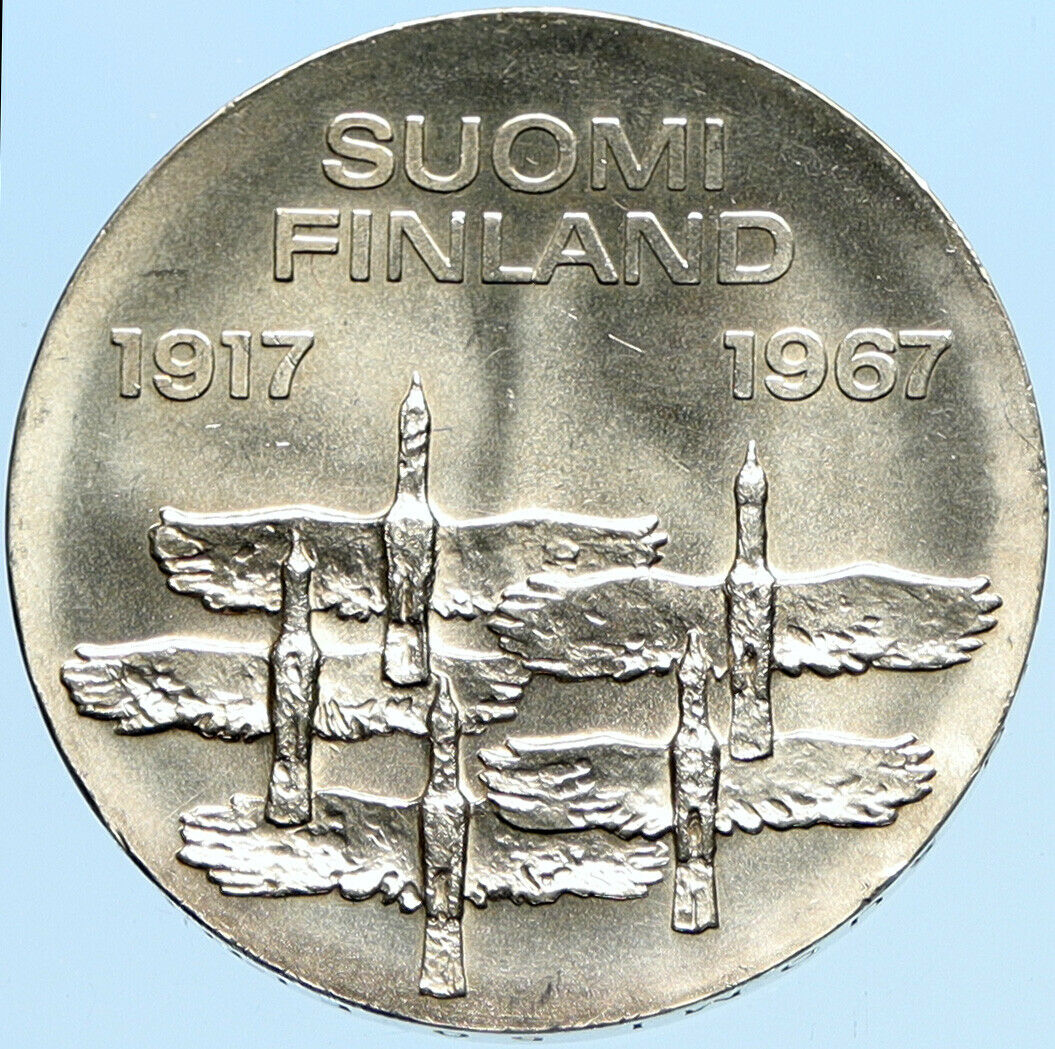 1967 FINLAND Geese Flying 50Y Independence VINTAGE Silver 10 Markkaa Coin i98013