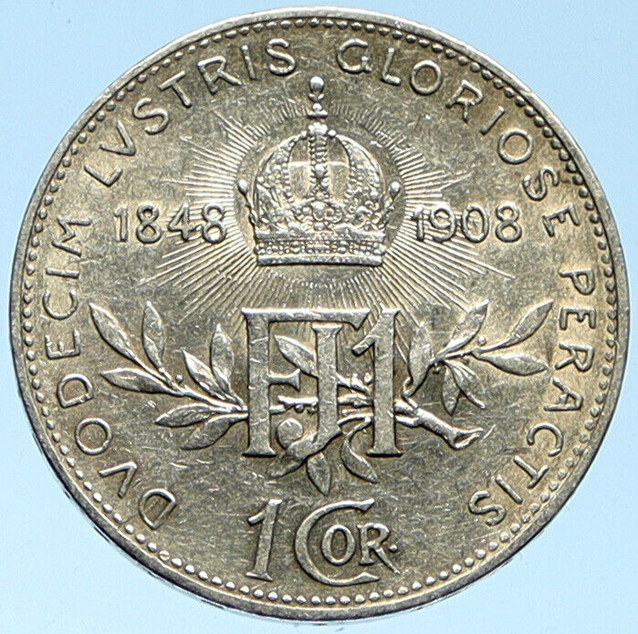 1908 AUSTRIA w King FRANZ JOSEPH I Austrian Silver Antique Corona Coin i99147