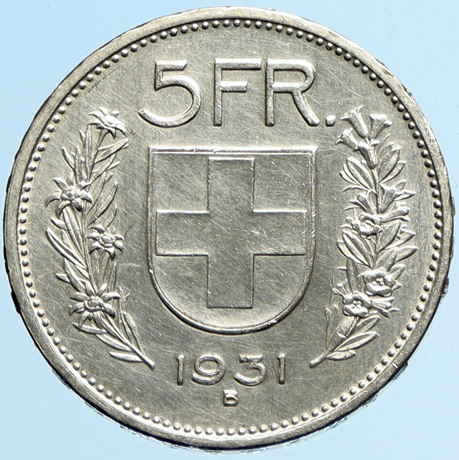 1931 B Switzerland Founding HERO WILLIAM TELL 5 Francs Silver Swiss Coin i97878