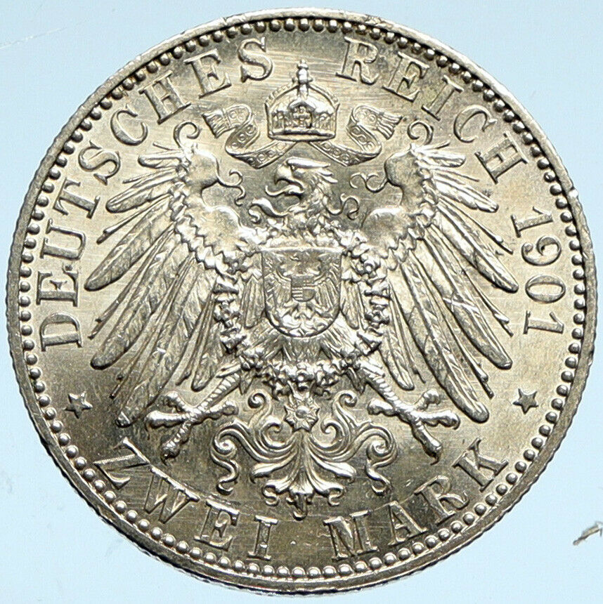 1901A Germany PRUSSIA KINGDOM Wilhelm II & Frederick I Silver 2 Mark Coin i99826