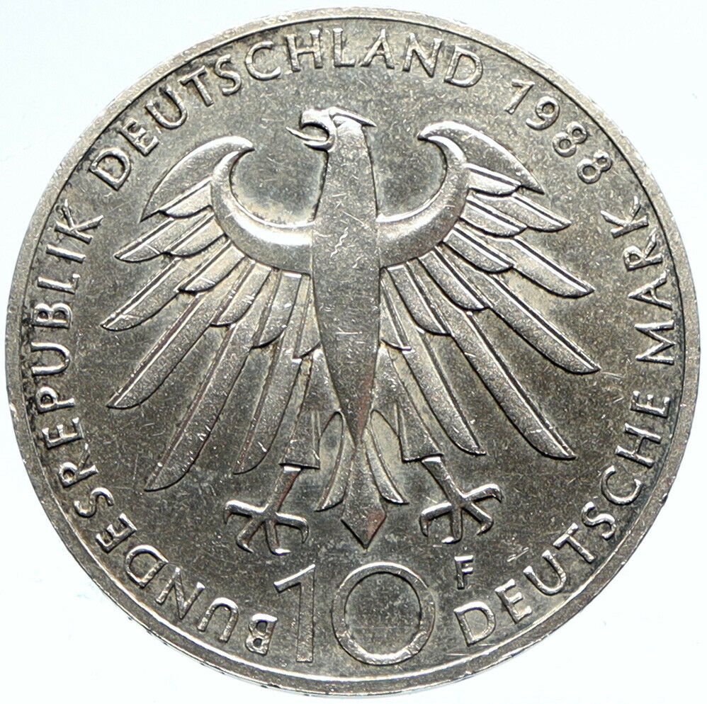 1988 F GERMANY Carl Zeiss Lens Genuine Antique Silver 10 Mark German Coin i99824