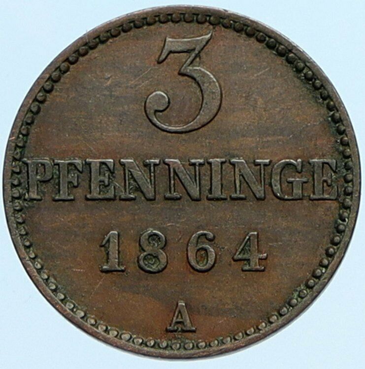 1864 GERMAN STATES Mecklenburg FRIEDRICH FRANZ II Antique 3 Pfennige Coin i98152