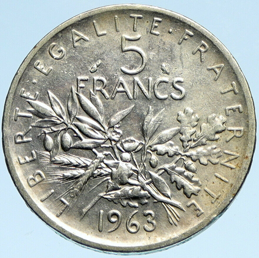 1963 FRANCE French LARGE with La Semeuse SOWER WOMAN Silver 5 Francs Coin i98182