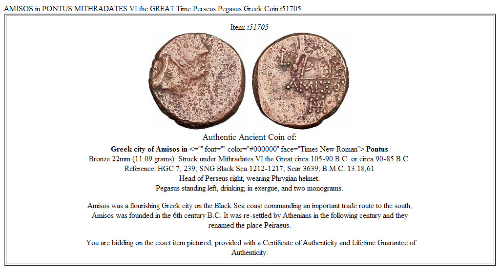 AMISOS in PONTUS MITHRADATES VI the GREAT Time Perseus Pegasus Greek Coin i51705