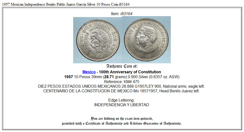 1957 Mexican Independence Benito Pablo Juarez Garcia Silver 10 Pesos Coin i83164