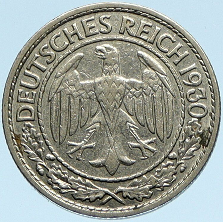 1930 A GERMANY Weimar Republic OLD VINTAGE 50 Pfennig German Coin EAGLE i98184