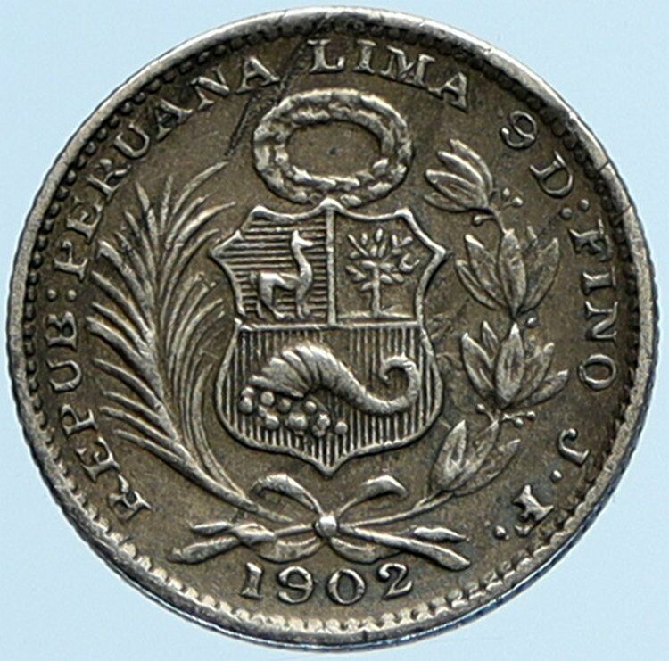 1902JF PERU South America VINTAGE ANTIQUE OLD Liberty Silver Dinero Coin i97883