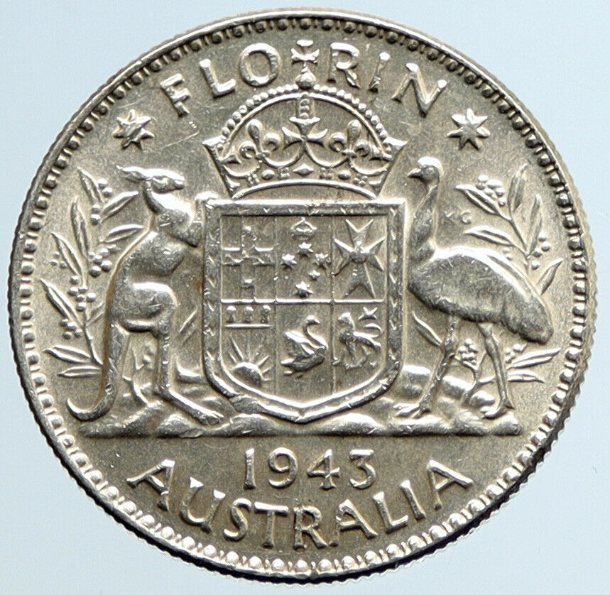 1943M AUSTRALIA Large King George VI Kangaroos VINTAGE Silver Florin Coin i96680