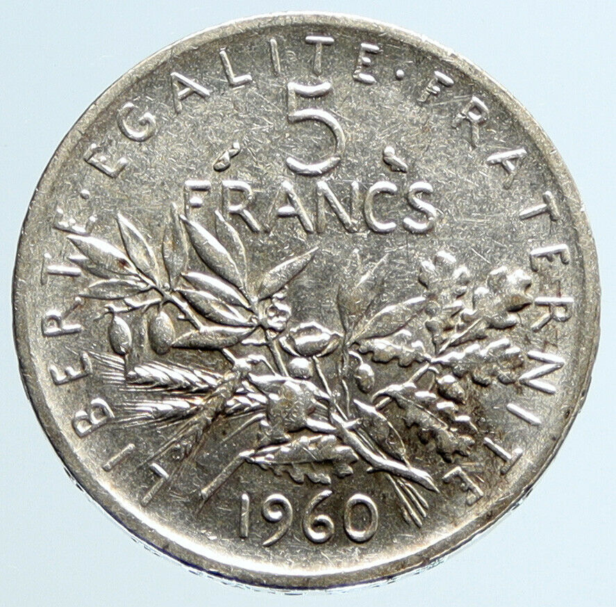 1960 FRANCE French LARGE with La Semeuse SOWER WOMAN Silver 5 Francs Coin i96684