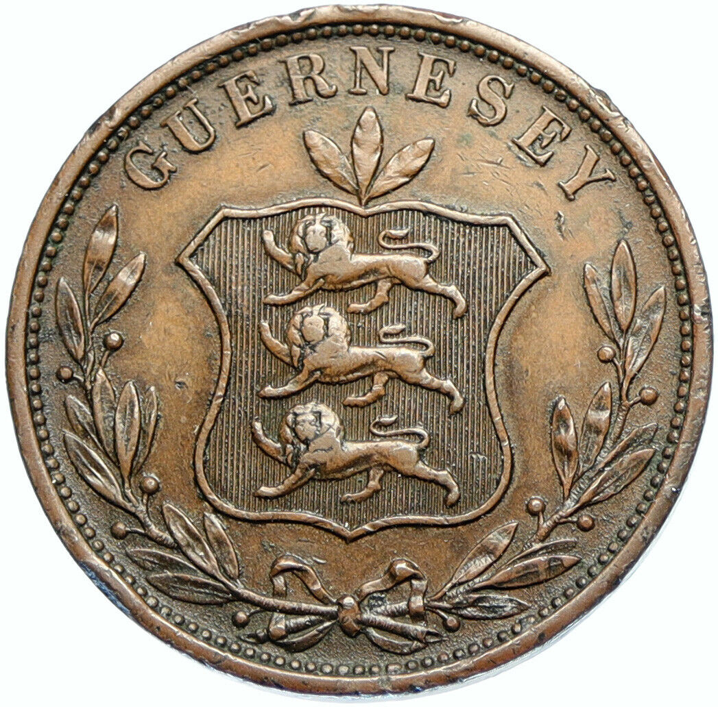 1858 GUERNSEY Island Genuine Three Lions Genuine Antique 8 Doubles Coin i98193