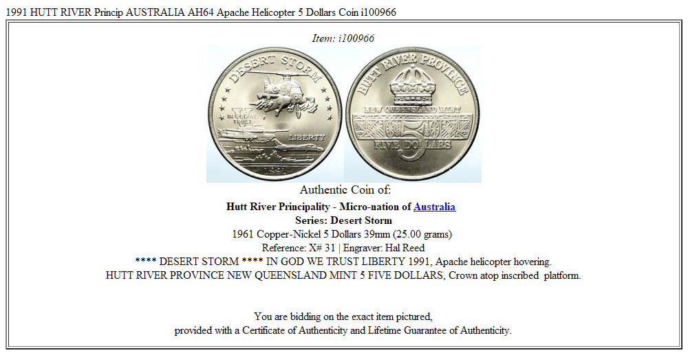 1991 HUTT RIVER Princip AUSTRALIA AH64 Apache Helicopter 5 Dollars Coin i100966