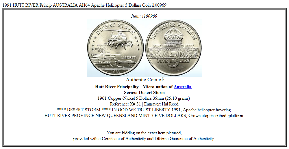 1991 HUTT RIVER Princip AUSTRALIA AH64 Apache Helicopter 5 Dollars Coin i100969