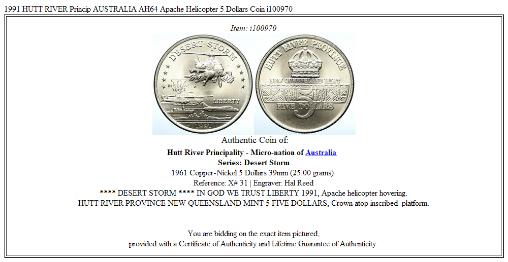 1991 HUTT RIVER Princip AUSTRALIA AH64 Apache Helicopter 5 Dollars Coin i100970