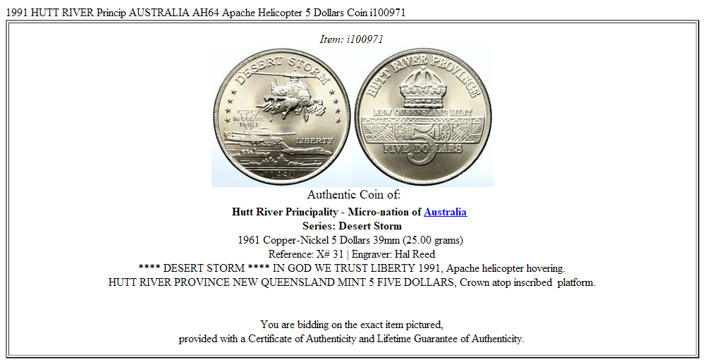 1991 HUTT RIVER Princip AUSTRALIA AH64 Apache Helicopter 5 Dollars Coin i100971