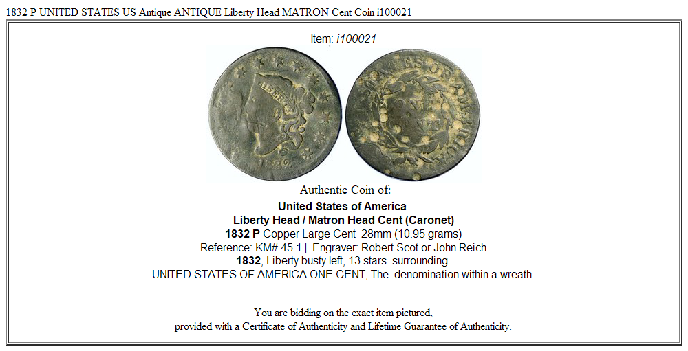 1832 P UNITED STATES US Antique ANTIQUE Liberty Head MATRON Cent Coin i100021