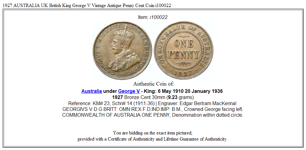 1927 AUSTRALIA UK British King George V Vintage Antique Penny Cent Coin i100022