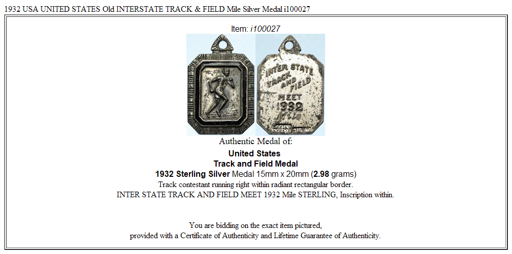 1932 USA UNITED STATES Old INTERSTATE TRACK & FIELD Mile Silver Medal i100027