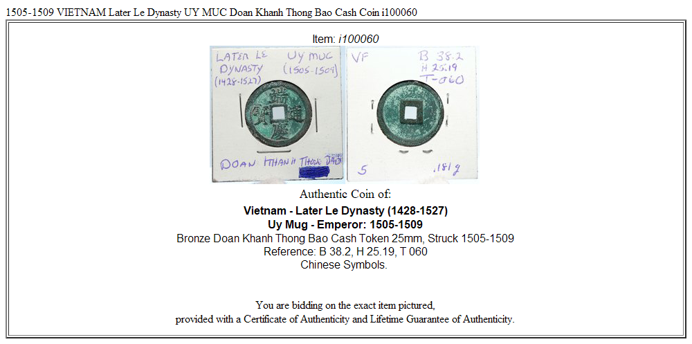 1505-1509 VIETNAM Later Le Dynasty UY MUC Doan Khanh Thong Bao Cash Coin i100060