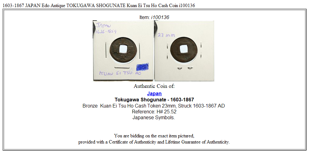 1603-1867 JAPAN Edo Antique TOKUGAWA SHOGUNATE Kuan Ei Tsu Ho Cash Coin i100136