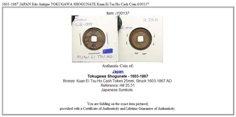 1603-1867 JAPAN Edo Antique TOKUGAWA SHOGUNATE Kuan Ei Tsu Ho Cash Coin i100137