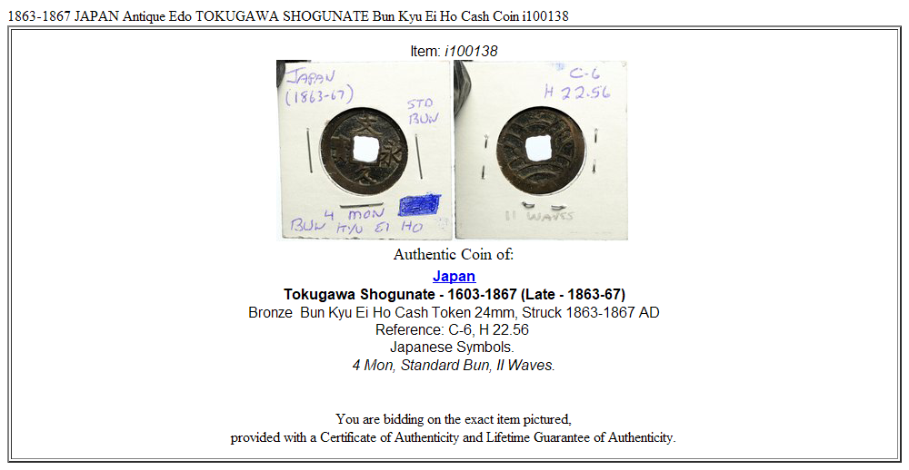 1863-1867 JAPAN Antique Edo TOKUGAWA SHOGUNATE Bun Kyu Ei Ho Cash Coin i100138