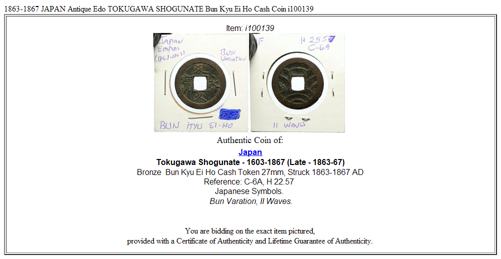 1863-1867 JAPAN Antique Edo TOKUGAWA SHOGUNATE Bun Kyu Ei Ho Cash Coin i100139