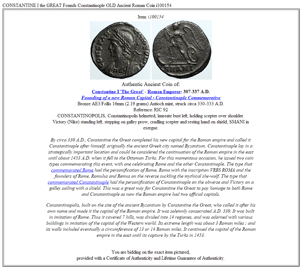 CONSTANTINE I the GREAT Founds Constantinople OLD Ancient Roman Coin i100154