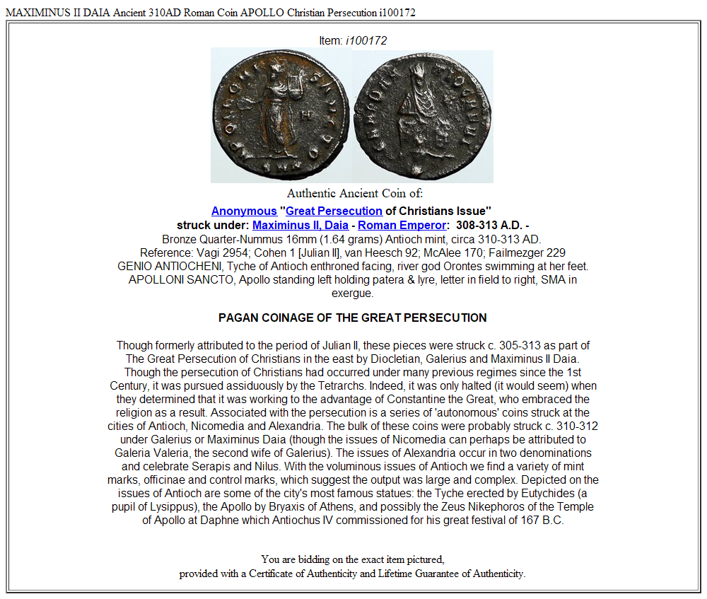 MAXIMINUS II DAIA Ancient 310AD Roman Coin APOLLO Christian Persecution i100172