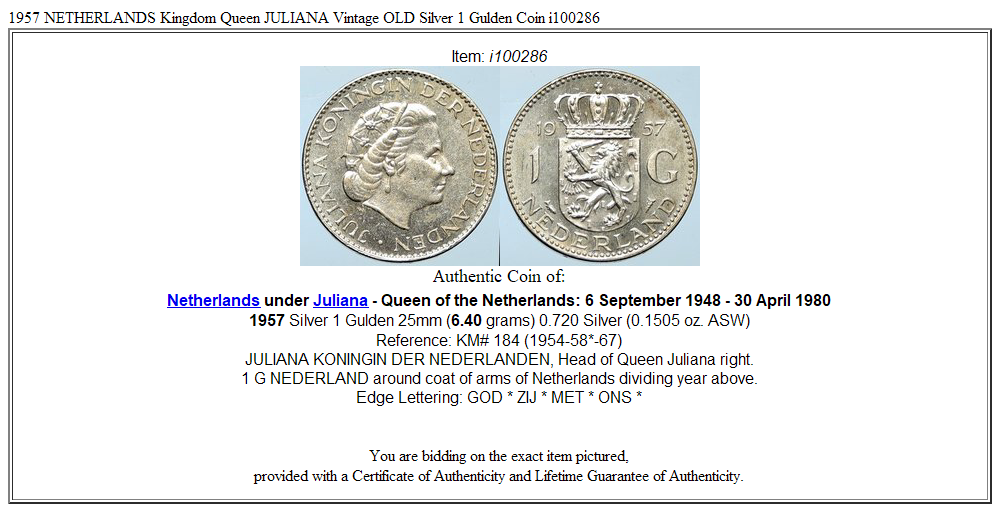 1957 NETHERLANDS Kingdom Queen JULIANA Vintage OLD Silver 1 Gulden Coin i100286