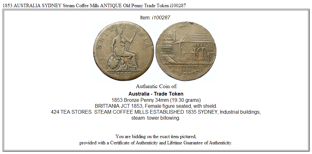 1853 AUSTRALIA SYDNEY Steam Coffee Mills ANTIQUE Old Penny Trade Token i100287