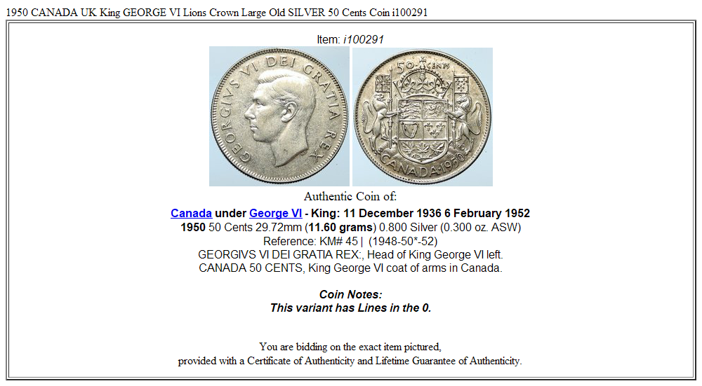 1950 CANADA UK King GEORGE VI Lions Crown Large Old SILVER 50 Cents Coin i100291