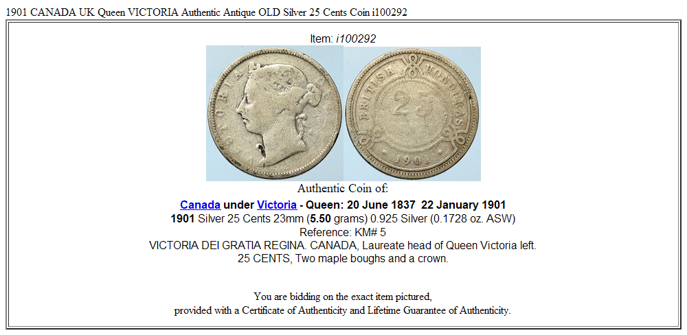 1901 CANADA UK Queen VICTORIA Authentic Antique OLD Silver 25 Cents Coin i100292