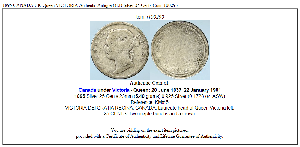 1895 CANADA UK Queen VICTORIA Authentic Antique OLD Silver 25 Cents Coin i100293