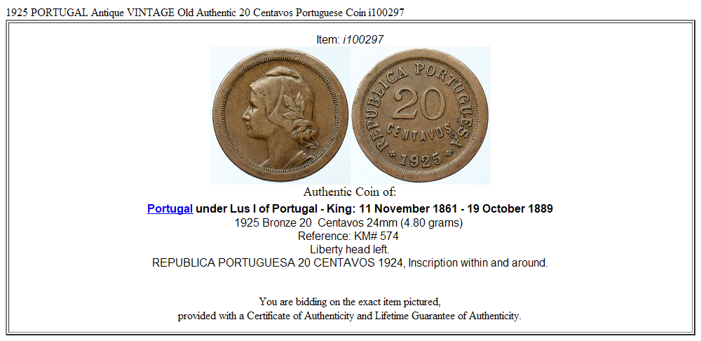 1925 PORTUGAL Antique VINTAGE Old Authentic 20 Centavos Portuguese Coin i100297