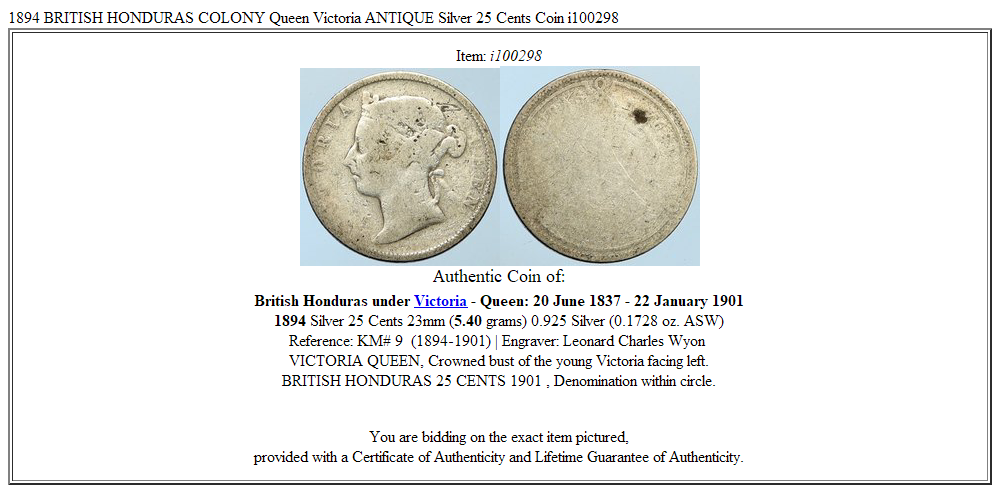 1894 BRITISH HONDURAS COLONY Queen Victoria ANTIQUE Silver 25 Cents Coin i100298