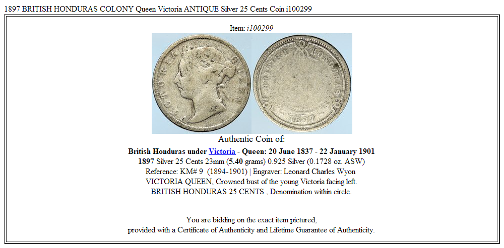 1897 BRITISH HONDURAS COLONY Queen Victoria ANTIQUE Silver 25 Cents Coin i100299