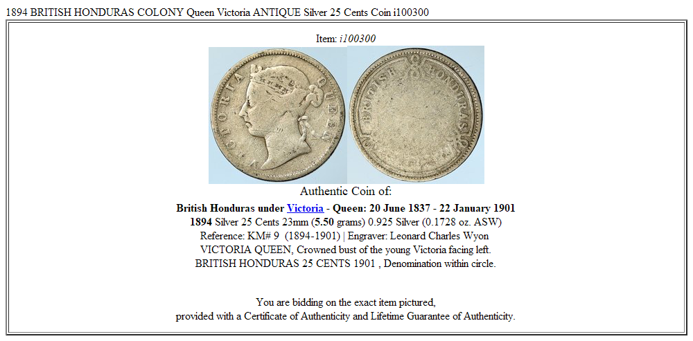 1894 BRITISH HONDURAS COLONY Queen Victoria ANTIQUE Silver 25 Cents Coin i100300