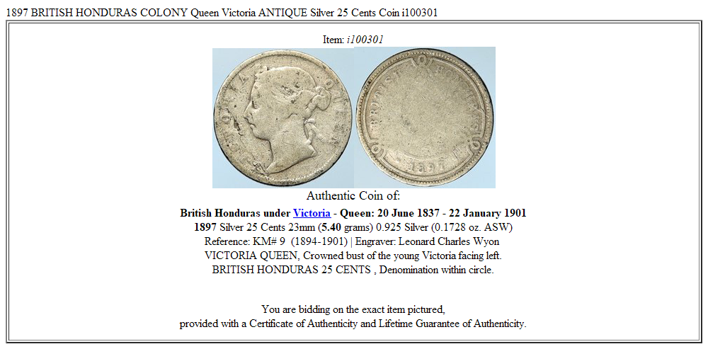 1897 BRITISH HONDURAS COLONY Queen Victoria ANTIQUE Silver 25 Cents Coin i100301