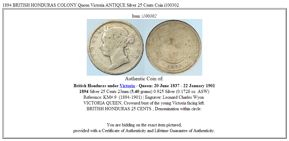 1894 BRITISH HONDURAS COLONY Queen Victoria ANTIQUE Silver 25 Cents Coin i100302