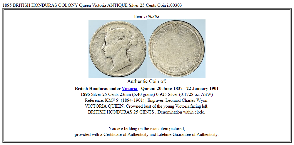 1895 BRITISH HONDURAS COLONY Queen Victoria ANTIQUE Silver 25 Cents Coin i100303