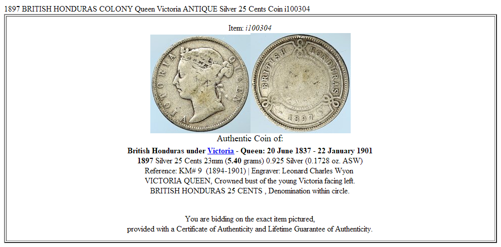 1897 BRITISH HONDURAS COLONY Queen Victoria ANTIQUE Silver 25 Cents Coin i100304