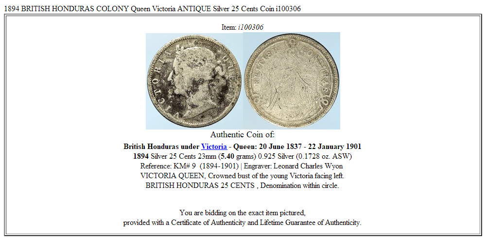 1894 BRITISH HONDURAS COLONY Queen Victoria ANTIQUE Silver 25 Cents Coin i100306