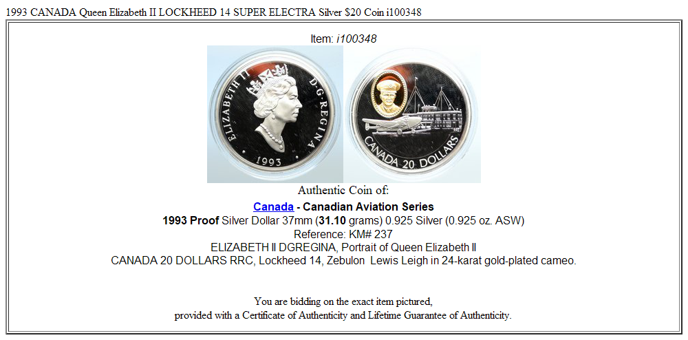 1993 CANADA Queen Elizabeth II LOCKHEED 14 SUPER ELECTRA Silver $20 Coin i100348