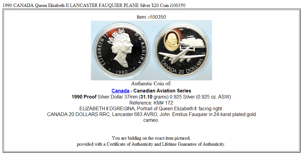 1990 CANADA Queen Elizabeth II LANCASTER FAUQUIER PLANE Silver $20 Coin i100350