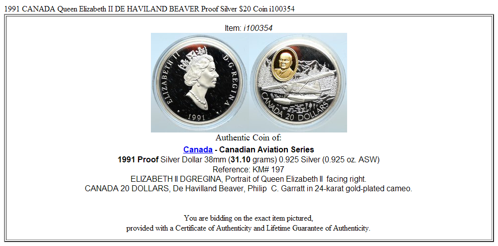 1991 CANADA Queen Elizabeth II DE HAVILAND BEAVER Proof Silver $20 Coin i100354