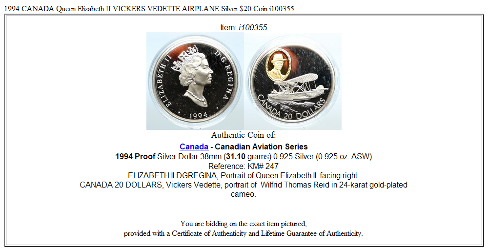 1994 CANADA Queen Elizabeth II VICKERS VEDETTE AIRPLANE Silver $20 Coin i100355